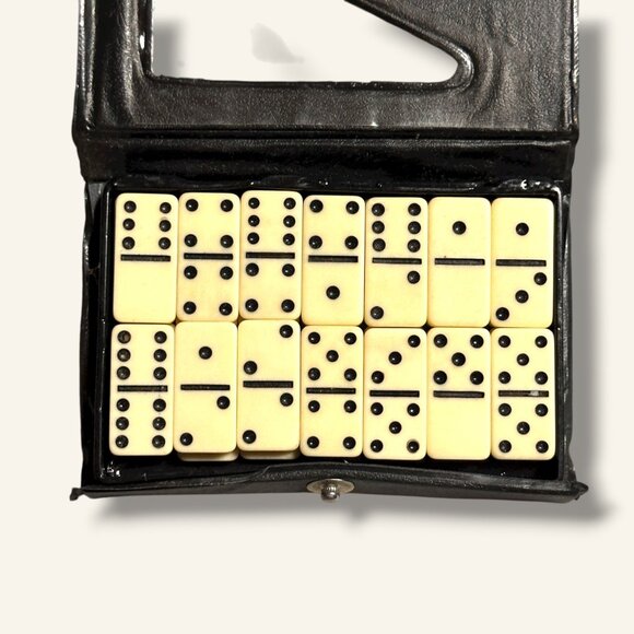 Vintage Double Six Dominoes Set Of 28 In Black Faux Leather Case With Snap Closu - Picture 2 of 5